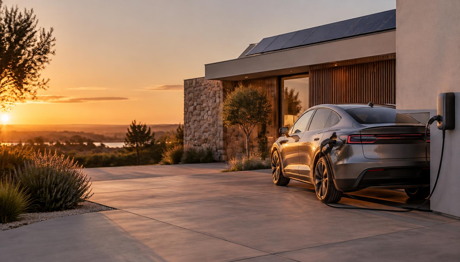 Auto eléctrico cargando en el garaje de una casa con paneles solares